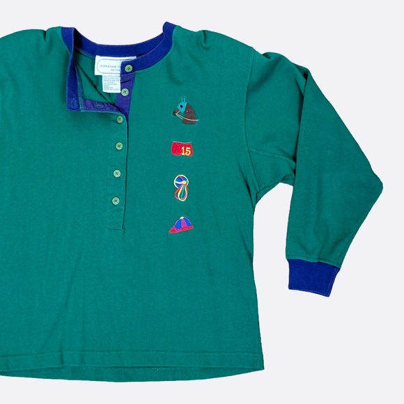 Vintage Tops - 80s Adrienne Vittadini 3/4 Sleeve Pony Shirt Equestrian Embroidered Crest Button